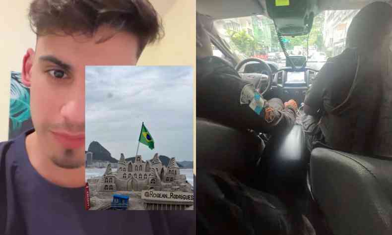Montagem de foto,  esquerda , o turista portugus em foto de rede social e a escultura de areia;  direita, interior do carro da polciaTuristas com a polcia 