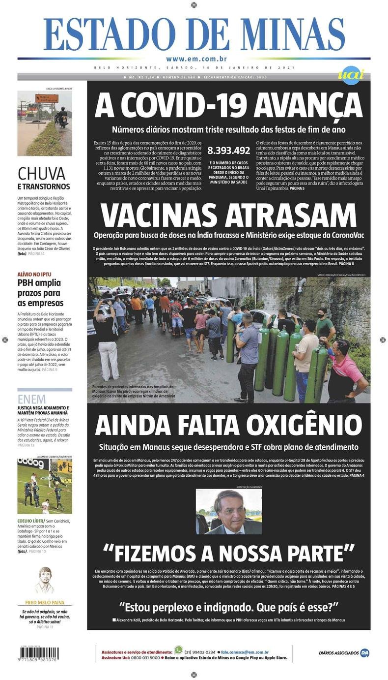 Confira a Capa do Jornal Estado de Minas do dia 16/01/2021(foto: Estado de Minas)