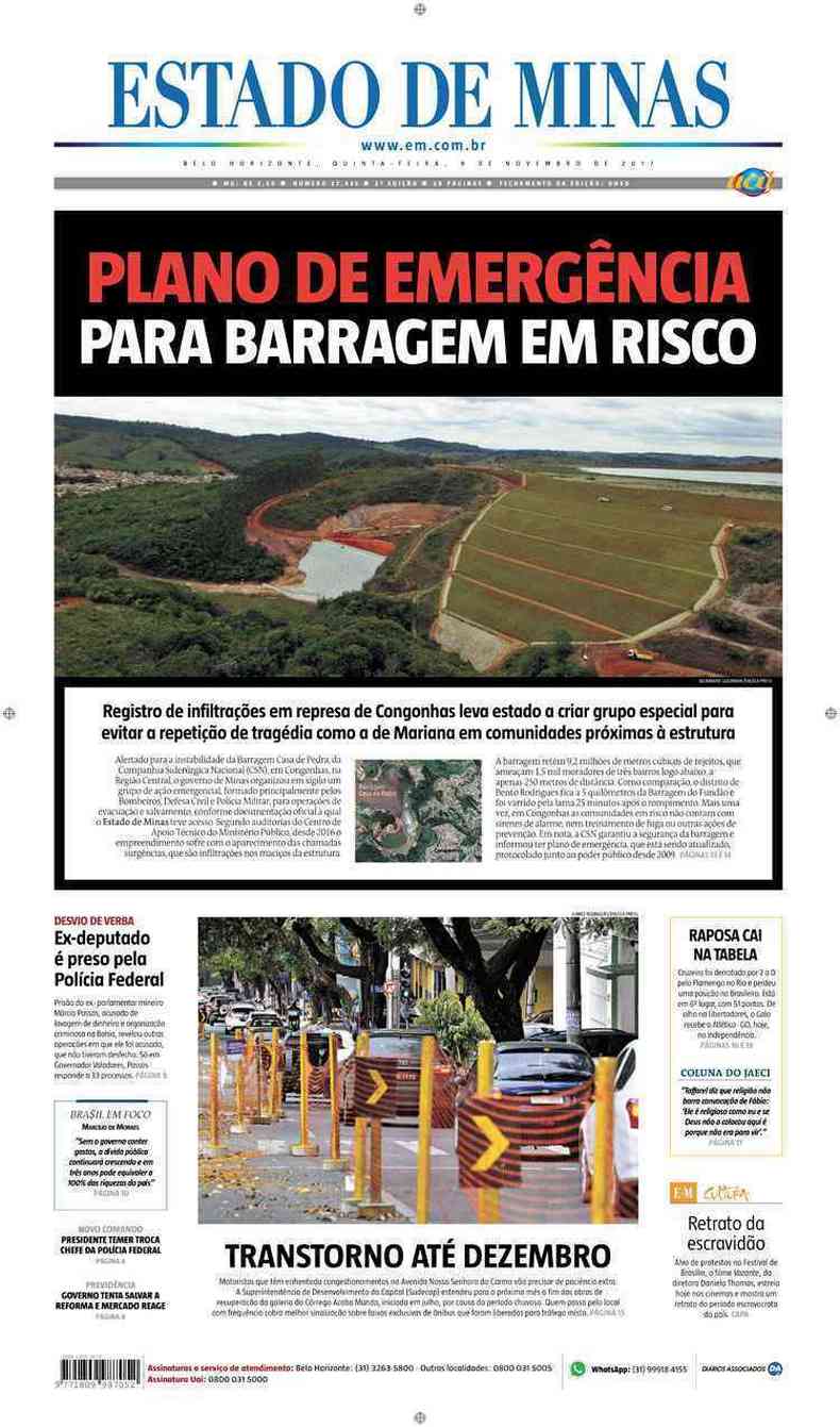 Confira a Capa do Jornal Estado de Minas do dia 09/11/2017