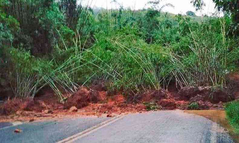 Na MG-353, que liga Juiz de Fora a Coronel Pacheco, terra e galhos de rvores interditam a rodovia(foto: Bombeiros)