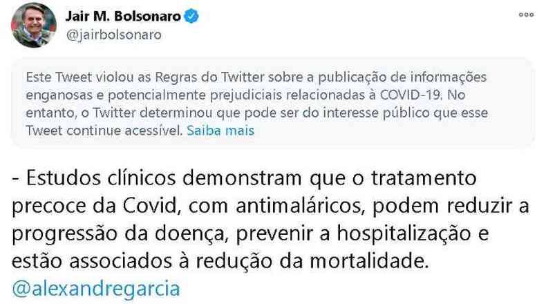 A plataforma completa que a publicao de Bolsonaro violou as regras do Twitter(foto: Reproduo/Twitter )