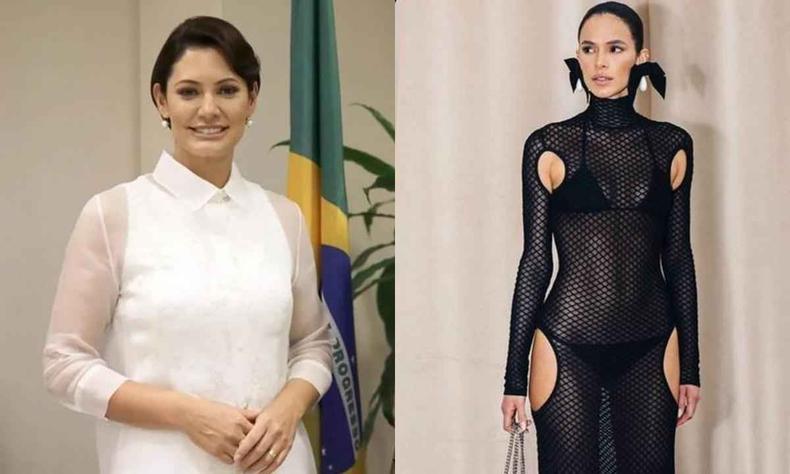 Michelle Bolsonaro criticou o look de Bruna Marquezine que é elogiada nos principais eventos de moda (foto: Redes sociais/Montagem) Michelle Bolsonaro veste branco e Bruna Marquezine veste preto