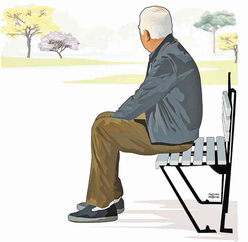 Ilustração mostra homem idoso sentado em banco de praça