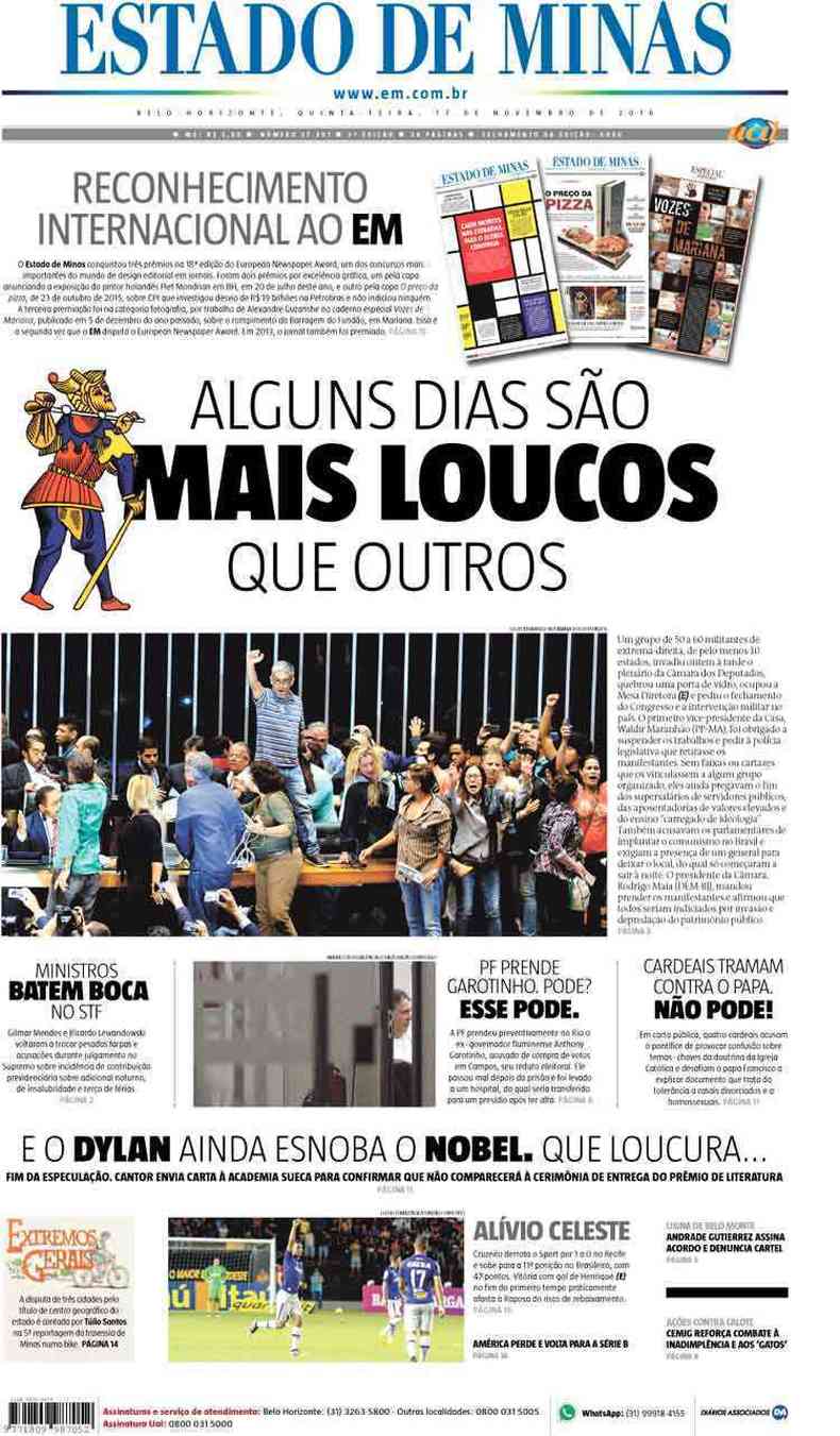 Confira a Capa do Jornal Estado de Minas do dia 17/11/2016