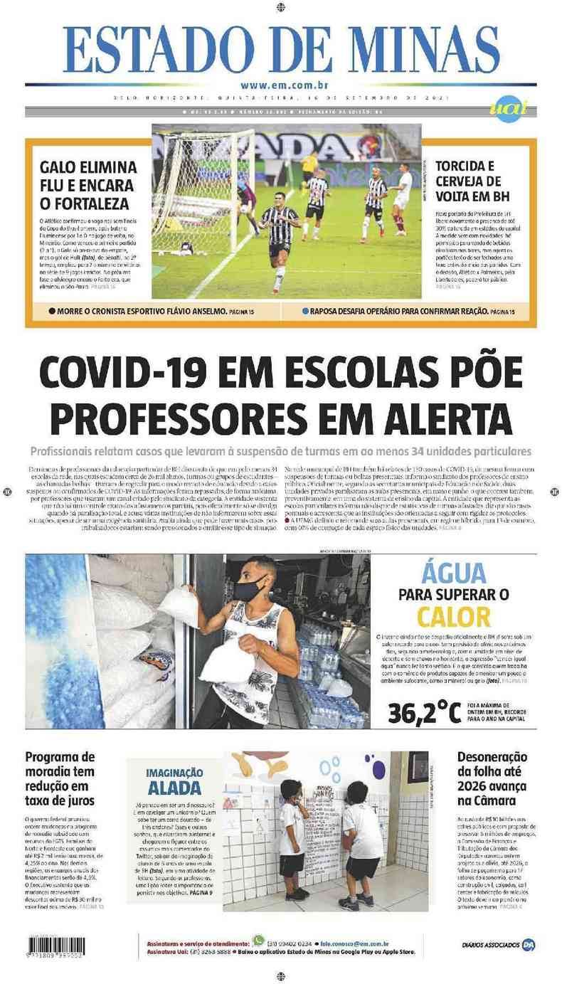 Confira a Capa do Jornal Estado de Minas do dia 16/09/2021