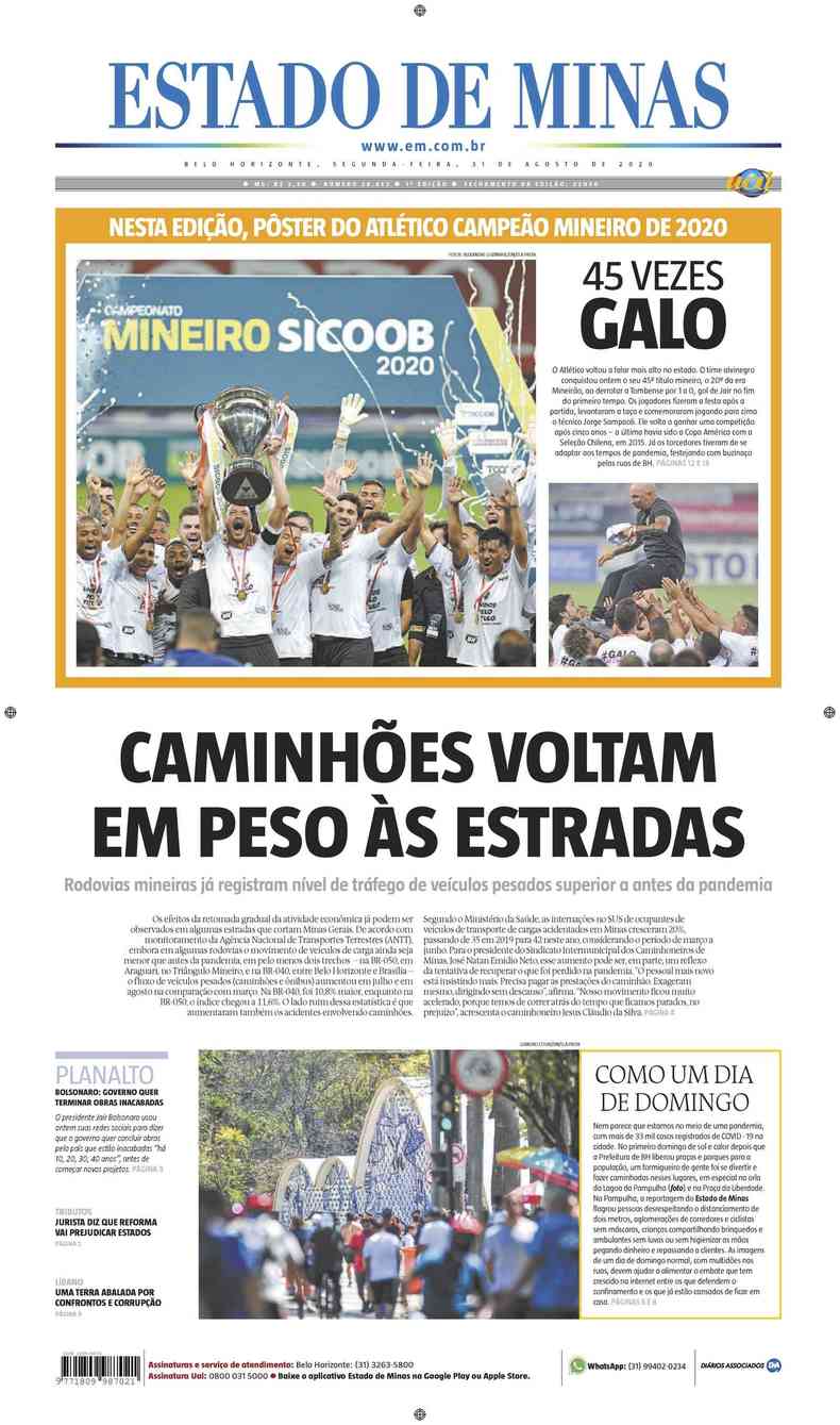 Confira a Capa do Jornal Estado de Minas do dia 31/08/2020(foto: Estado de Minas)