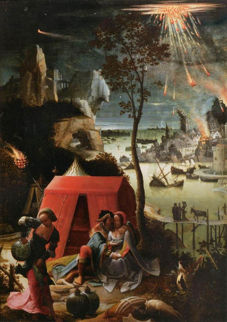 Ló e as filhas fugindo de Sodoma em destruição, em pintura de 1520, feita por Lucas van Leydens(foto: Domínio público) Ló e as filhas fugindo de Sodoma em destruição, em pintura de 1520, feita por Lucas van Leydens