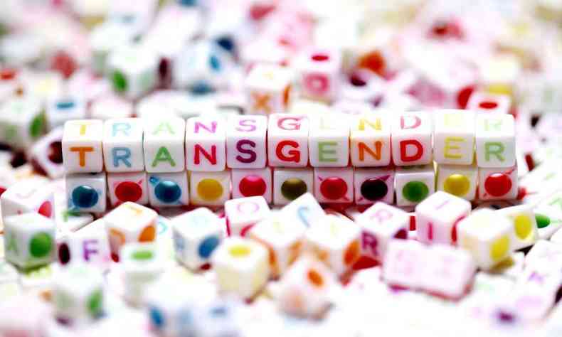Cubos branco com letras coloridas formando a palavra 'transgender' (transgnero em ingls)