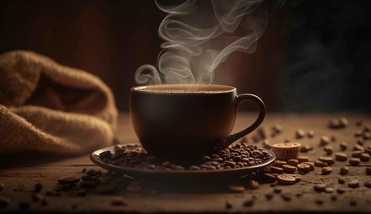 torrões de café espalhados pela mesa, imagem com tons terrosos e amarelos, xícara de café quente saindo fumaça ao meio