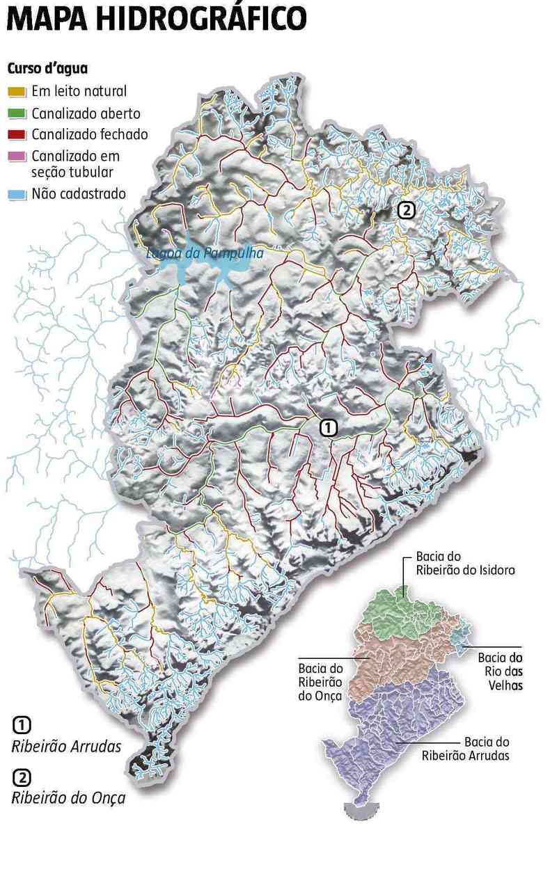 Mapa hidrogrfico de Belo Horizonte, com destaque para situao dos cursos d'gua(foto: Arte: Soraia Piva/EM/D.A Press)