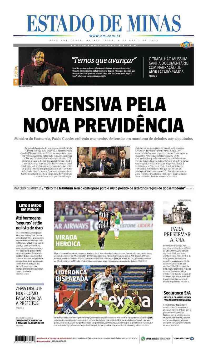 Confira a Capa do Jornal Estado de Minas do dia 04/04/2019(foto: Estado de Minas)