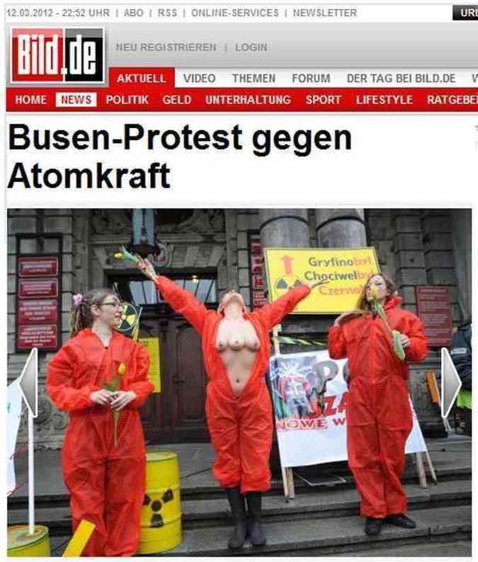 Ativista faz topless mutante em protesto contra o uso de energia atmica(foto: Reproduo Internet/ www.bild.de)