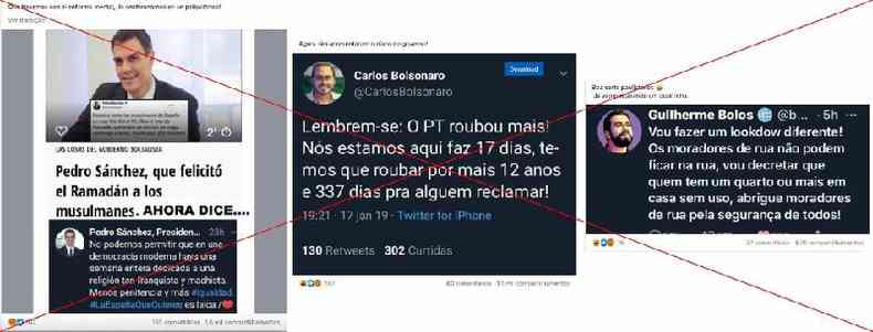 Combinao de capturas de tela de perfis identificados pela AFP como troll, 'fake' ou pardia, feita em 18 de abril de 2023