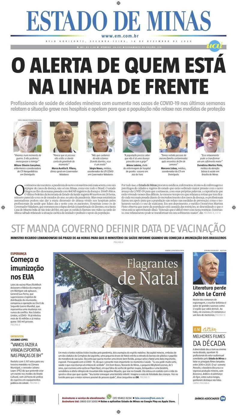 Confira a Capa do Jornal Estado de Minas do dia 14/12/2020(foto: Estado de Minas)