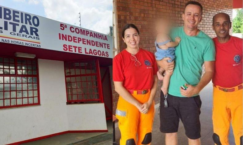 Pai levou criança até a sede administrativa da 5ª Cia. Independente do Corpo de Bombeiros(foto: Divulgação/Corpo de Bombeiros) imagem com prédio branco dos bombeiros e pessoas vestindo uniforme