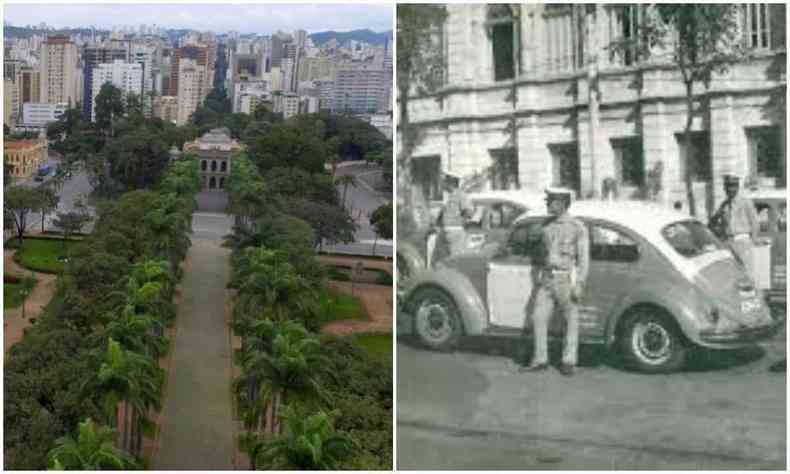 Montagem com a Praça da Liberdade e carros históricos da PMMG