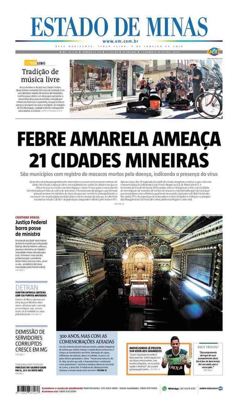 Confira a Capa do Jornal Estado de Minas do dia 09/01/2018