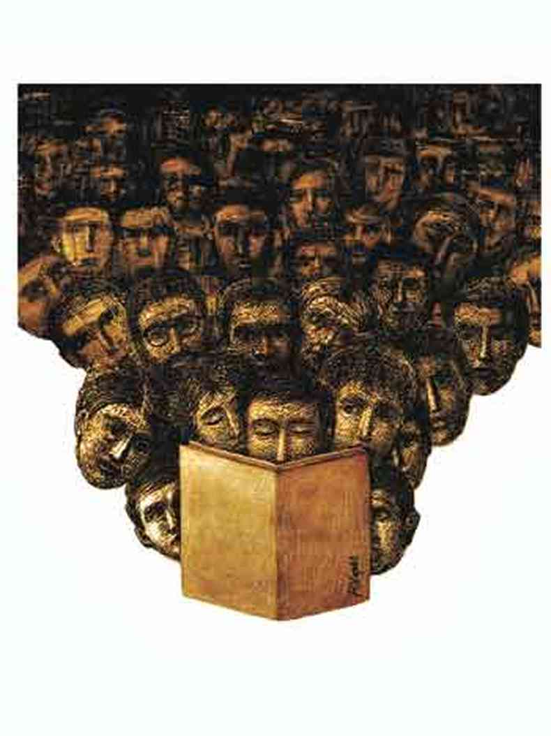 desenho de varios rostos lendo o mesmo livro ao mesmo tempo 