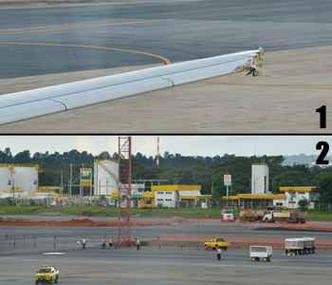 No detalhe, parte da asa danificada (1) e torre em que avi�o bateu (2)(foto: Elza Fi�za/ABr)