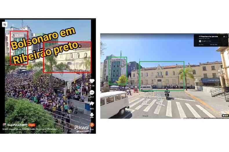 Comparao feita em 20 de outubro de 2023 entre capturas de tela de uma publicao no Kwai (E) e uma imagem do Hotel Central de Aparecida no Google Street View