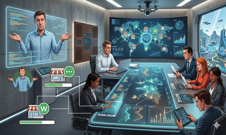 Pessoas em sala futurista com telas hologr�ficas. Um homem em proje��o parece confuso. Outros olham dados em mesa digital. Cen�rio tecnol�gico e complexo.