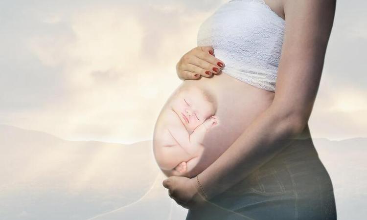 mulher grvida, segurando a barriga, com a imagem do beb visvel, sem mostra o rosto da mulher