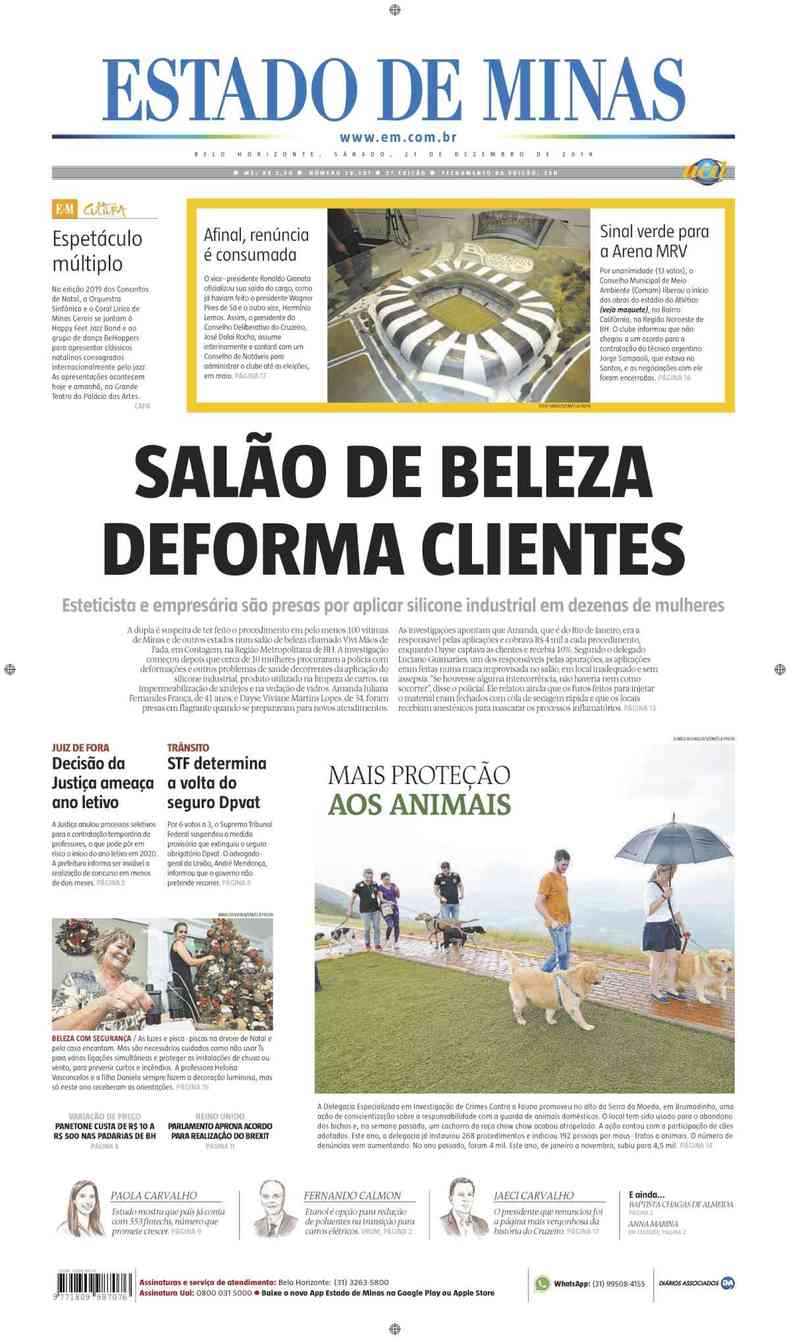 Confira a Capa do Jornal Estado de Minas do dia 21/12/2019(foto: Estado de Minas)