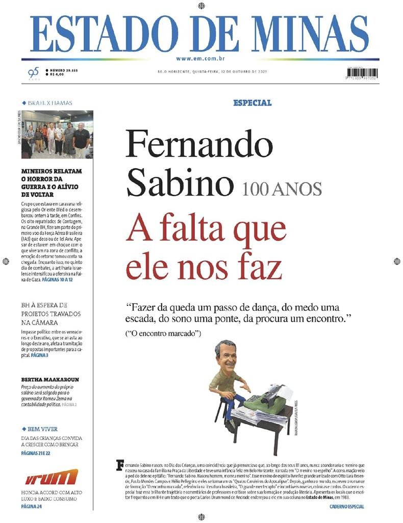 Confira a Capa do Jornal Estado de Minas do dia 12/10/2023