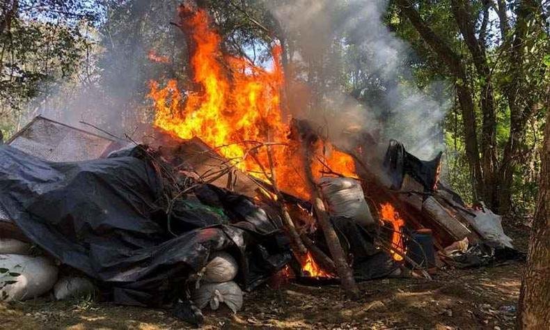 No Twitter, presidente do Paraguai divulgou fotos das drogas apreendidas e da destrui��o dos materiais usados no complexo dos traficantes(foto: Reprodu��o da internet/Twitter/MaritoAbdo)