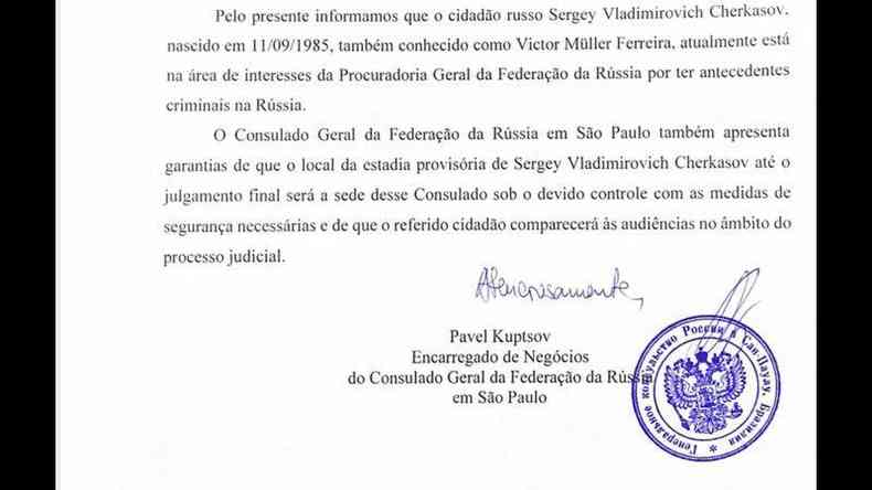 Trecho de 'carta garantia' em que o consulado-geral da Rssia oferece suas instalaes para receber o suspeito de espionagem Sergey Vladimirovich Cherkasov