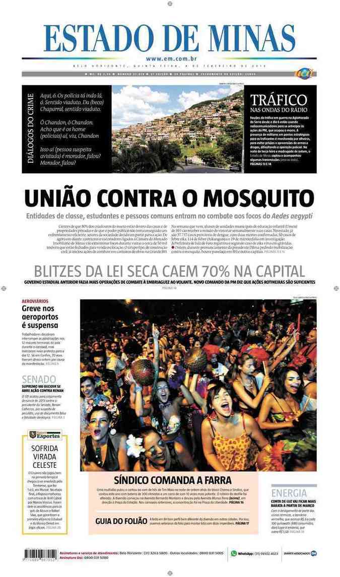 Confira a Capa do Jornal Estado de Minas do dia 04/02/2016