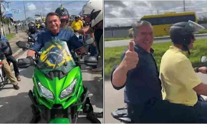 Montagem: Bolsonaro em moto encapada com a bandeira do Brasil e Collor na garupa