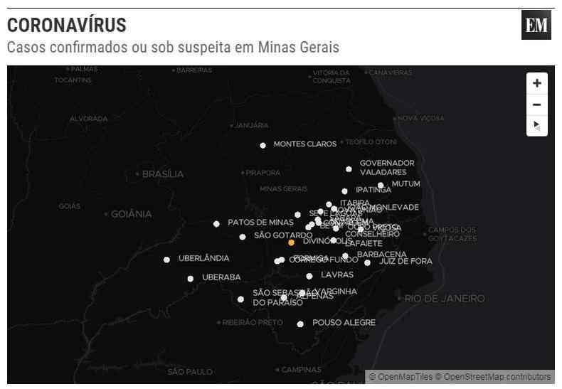 Mapa das cidades de Minas Gerais que possuem pessoas com sintomas de Coronavrus