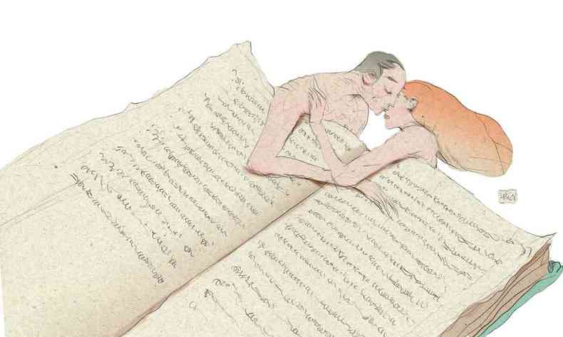 Ilustrao de Lelis mostra casal nu abraado e coberto pelas pginas de um livro aberto