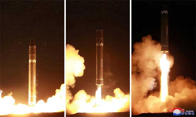 Pyongyang lançou na semana passada um míssil balístico intercontinental a uma altura e uma distância nunca antes alcançadas por um artefato norte-coreano(foto: AFP PHOTO/KCNA VIA KNS) Pyongyang lançou na semana passada um míssil balístico intercontinental a uma altura e uma distância nunca antes alcançadas por um artefato norte-coreano(foto: AFP PHOTO/KCNA VIA KNS)