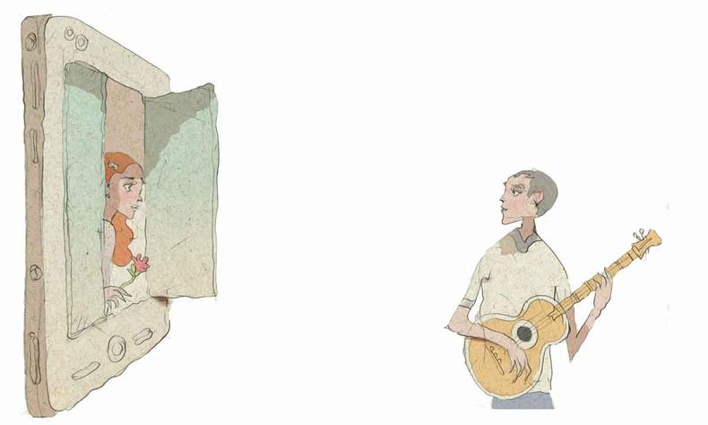 Ilustrao mostra homem tocando violo para moa que est dentro de um celular
