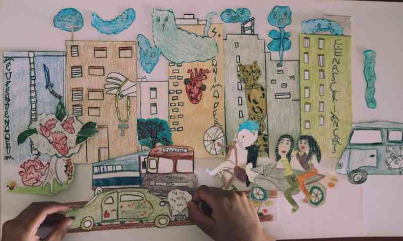 Desenho feito por Cu Teixeira, de 10 anos, mostra prdios, carros e rua com duas garotas numa moto