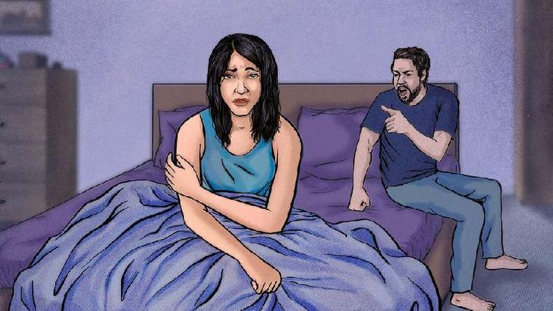 Ilustrao de uma mulher e um homem na cama juntos. A mulher parece angustiada, o homem est gritando com ela com raiva.