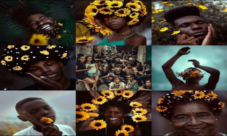 Mosaico de fotos feitas por Rafael, em todas elas est�o presentes pessoas negras adornadas com girass�is