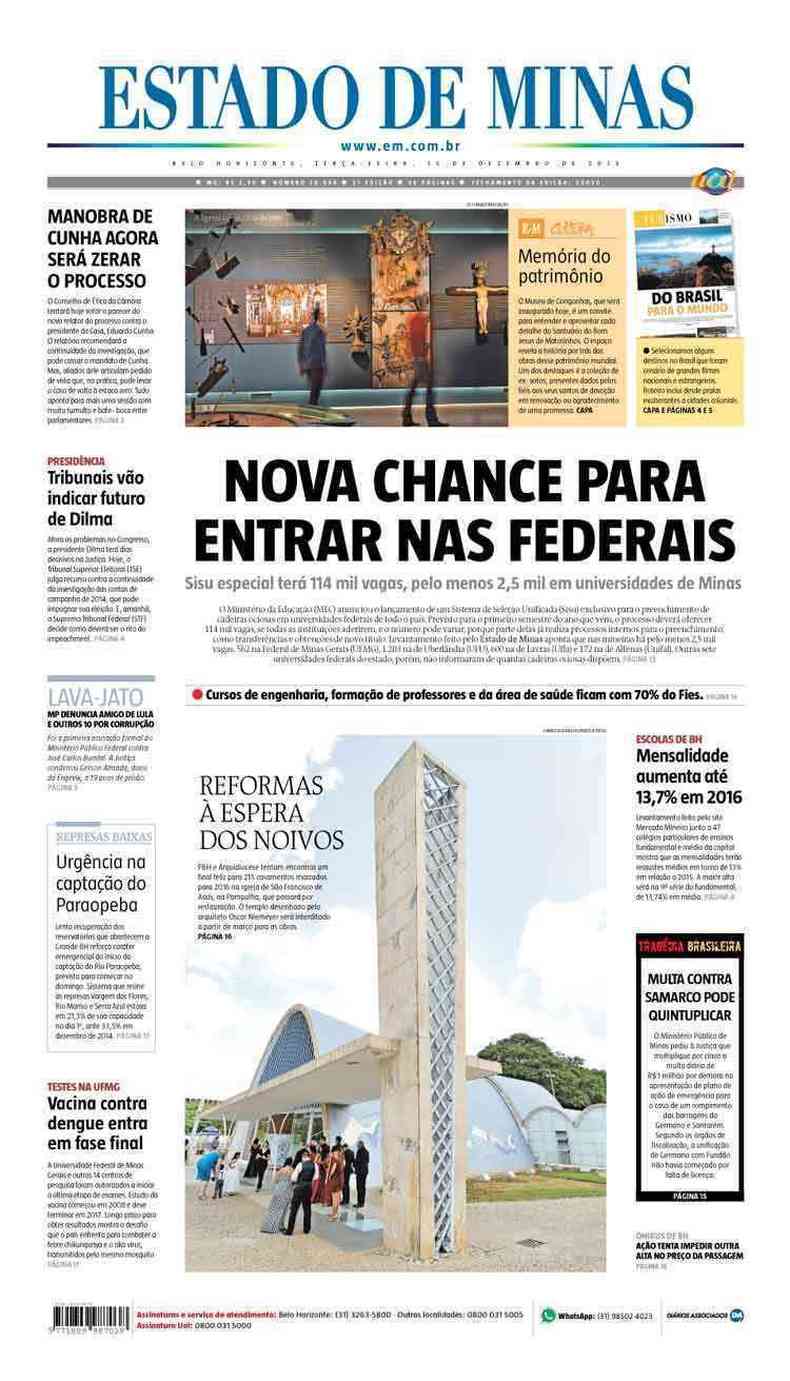 Confira a Capa do Jornal Estado de Minas do dia 15/12/2015