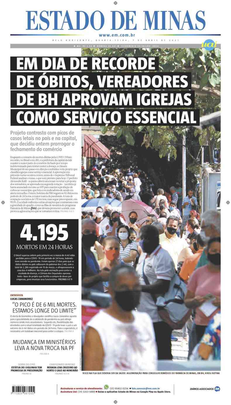 Confira a Capa do Jornal Estado de Minas do dia 07/04/2021(foto: Estado de Minas)