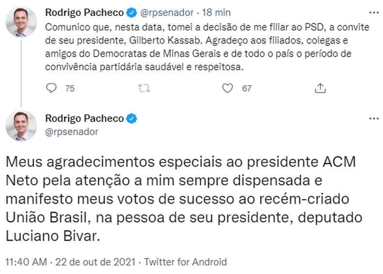 Print do tweet do presidente do Senado, Rodrigo Pacheco, anunciando sada do DEM