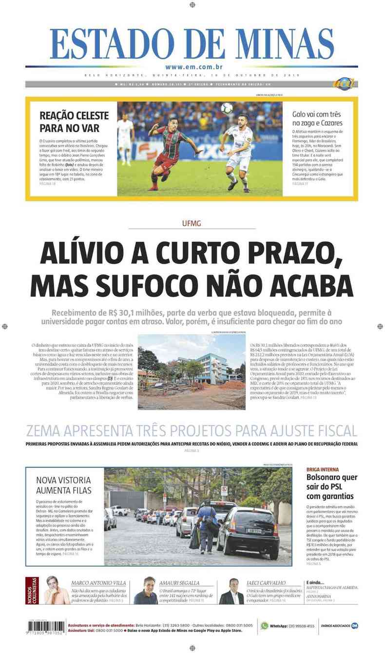 Confira a Capa do Jornal Estado de Minas do dia 10/10/2019(foto: Estado de Minas)