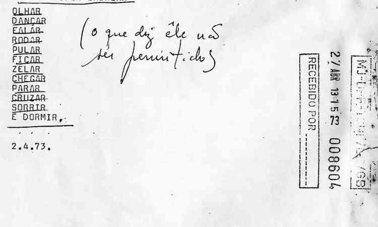 Documento da censura em que trechos da letra da cano Cad so proibidos pela censora Marina Duarte