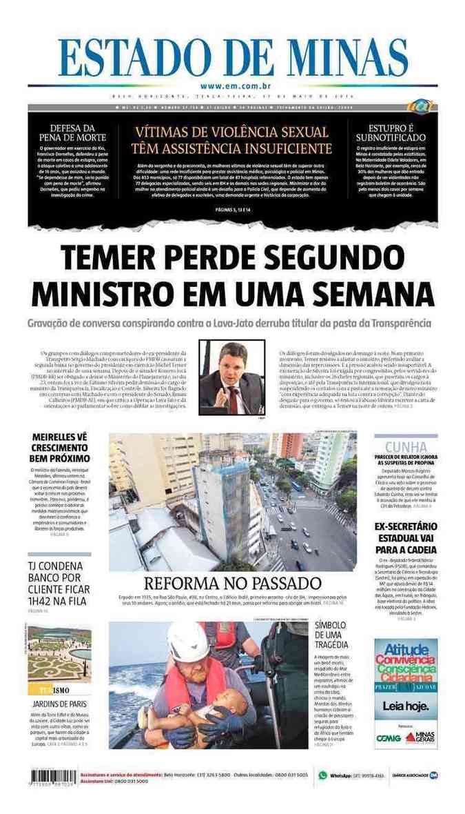 Confira a Capa do Jornal Estado de Minas do dia 31/05/2016