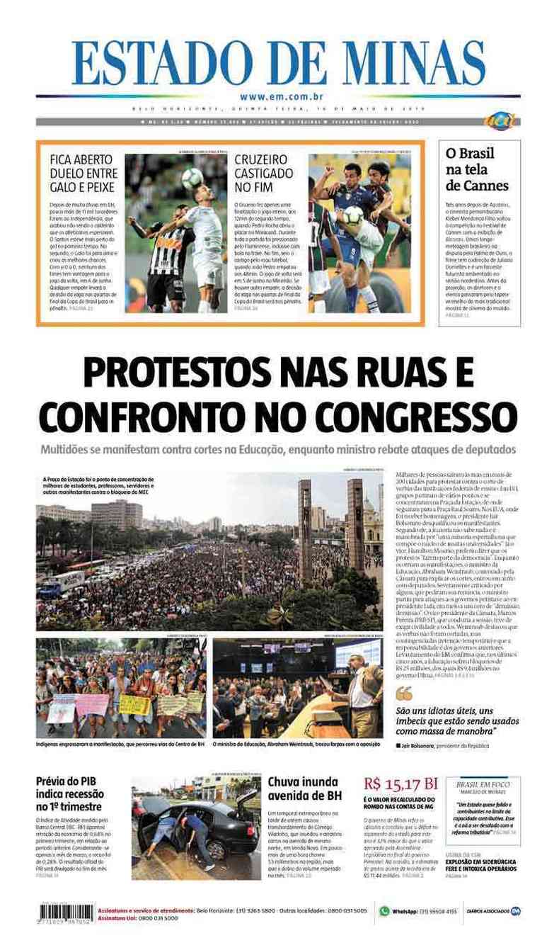 Confira a Capa do Jornal Estado de Minas do dia 16/05/2019(foto: Estado de Minas)