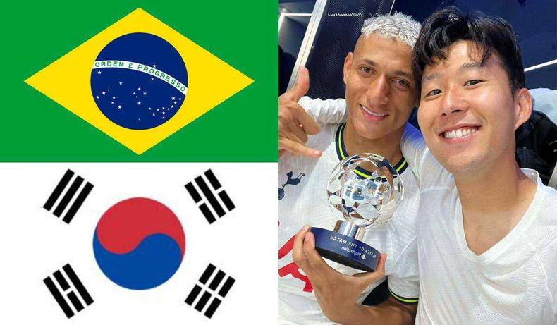 Montagem de bandeiras do Brasil e Coreia do Sul e jogadores Richarlison e Son 
