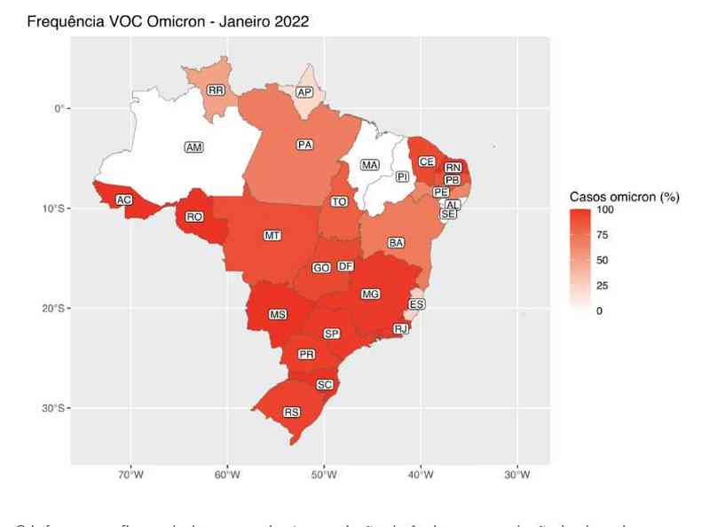 Mapa mostra incidência da variante Ômicron nos estados brasileiros