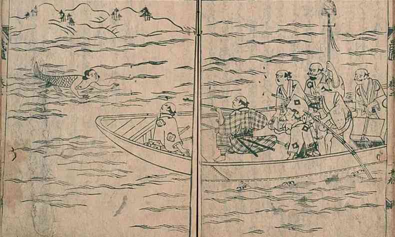 Ilustrao em estilo japons mostra um barco cheio de homens avistando uma Ningyo, sereia japonesa, nas guas 