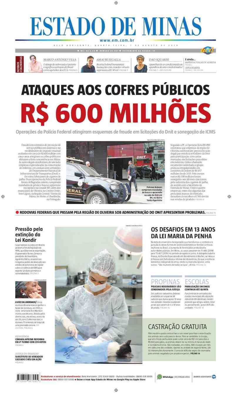Confira a Capa do Jornal Estado de Minas do dia 07/08/2019(foto: Estado de Minas)